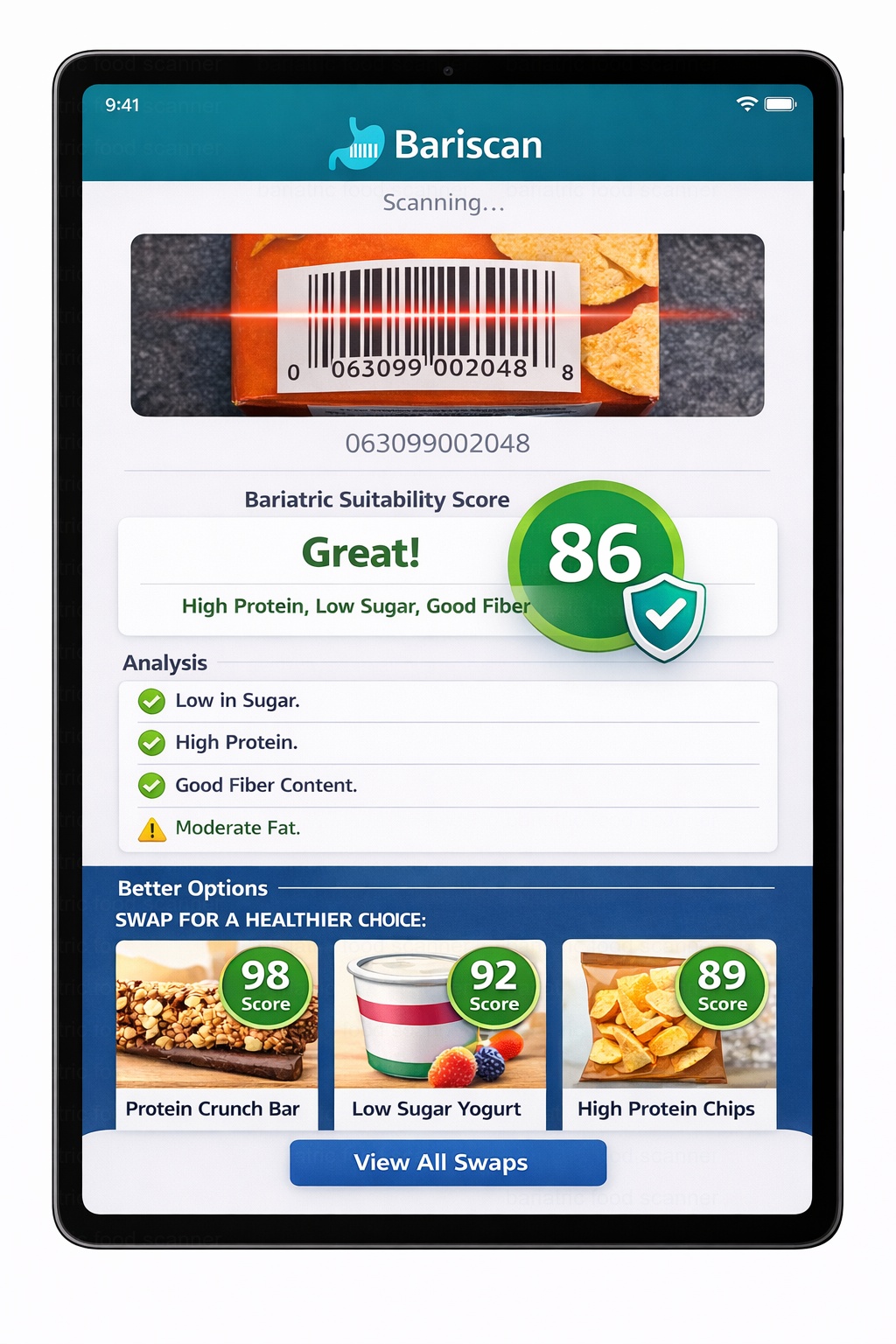 Bariscan app scanning a food barcode showing a suitability score of 86 out of 100 with swap suggestions for SADI surgery patients